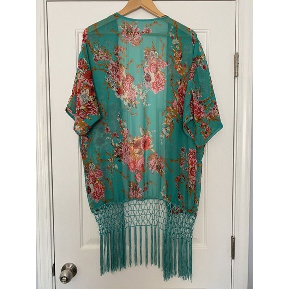 Turquoise Green Floral Open Front Sheer Kimono With Fringe - Picture 2 of 3